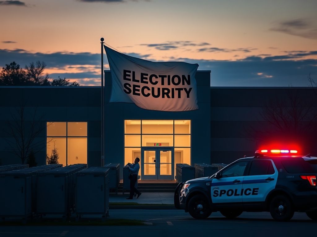 Flick International Election facility in Fulton County, Georgia at dusk with an 'Election Security' banner