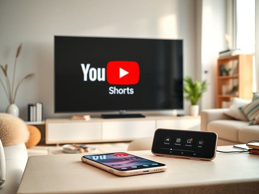 Flick International A modern living room with a stylish TV displaying the YouTube logo and the Shorts interface, symbolizing digital parenting
