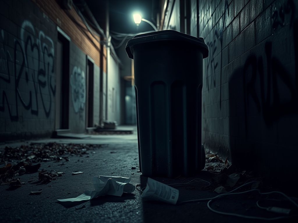 Flick International Somber urban scene showcasing a dented recycling bin in a dimly lit alley