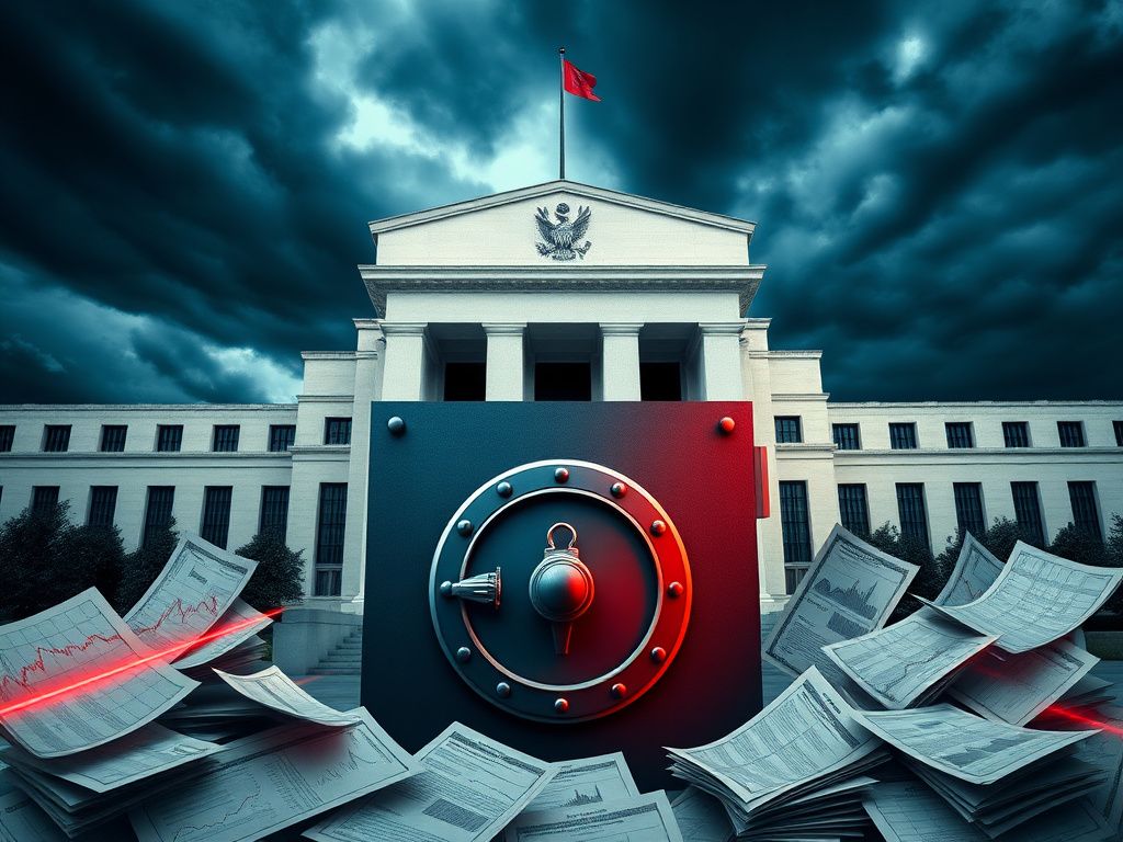 Flick International Modern Federal Reserve building with stormy sky and locked vault door