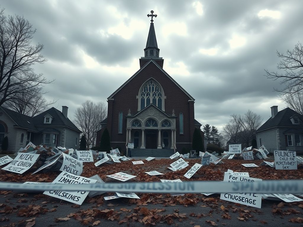 Flick International Exterior of a large church with cracked stained glass and protest signs, depicting unrest