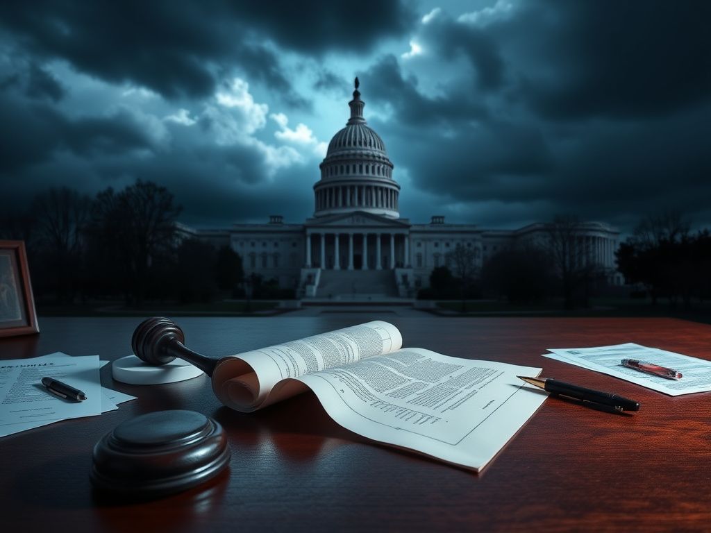 Flick International U.S. Capitol building under dark clouds symbolizing political turmoil