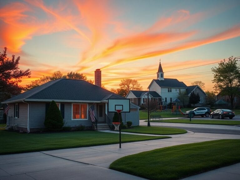 Flick International Serene suburban neighborhood with patriotic decorations at dusk
