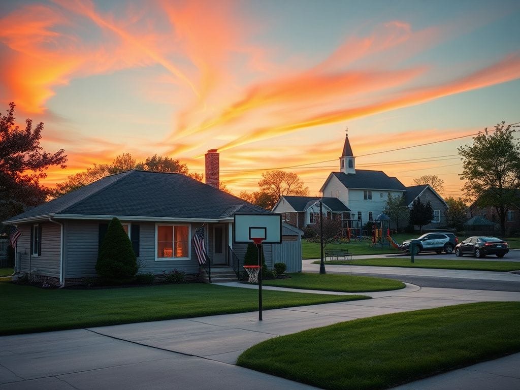 Flick International Serene suburban neighborhood with patriotic decorations at dusk