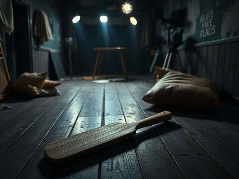 Flick International A dimly lit film set featuring a vintage paddle on a wooden floor, symbolizing intense filming