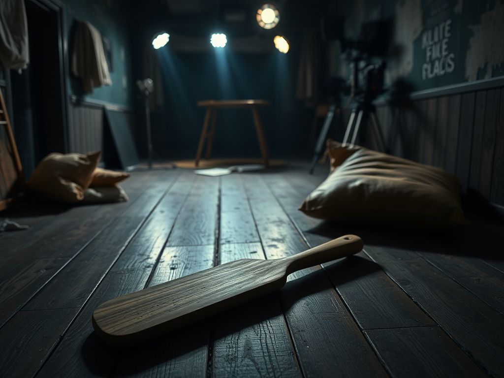Flick International A dimly lit film set featuring a vintage paddle on a wooden floor, symbolizing intense filming