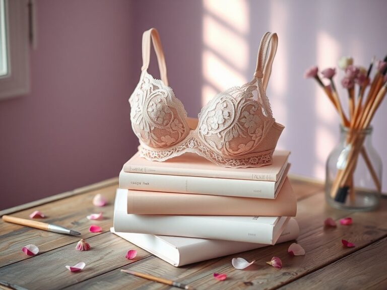 Flick International Delicate lace bra on pastel books symbolizing femininity and empowerment