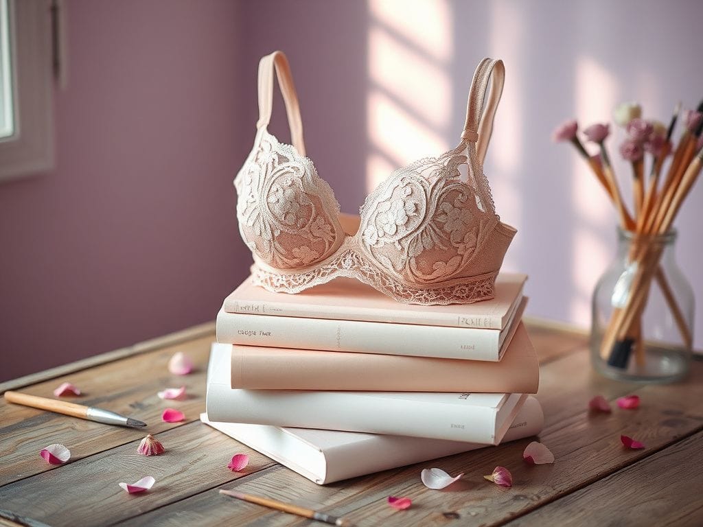 Flick International Delicate lace bra on pastel books symbolizing femininity and empowerment