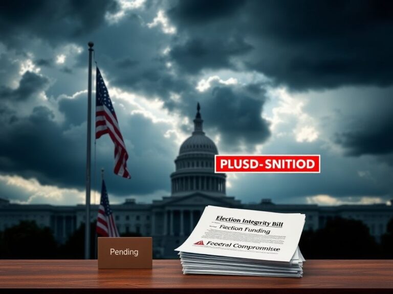 Flick International Government shutdown scenario with American flag at half-mast and election integrity documents