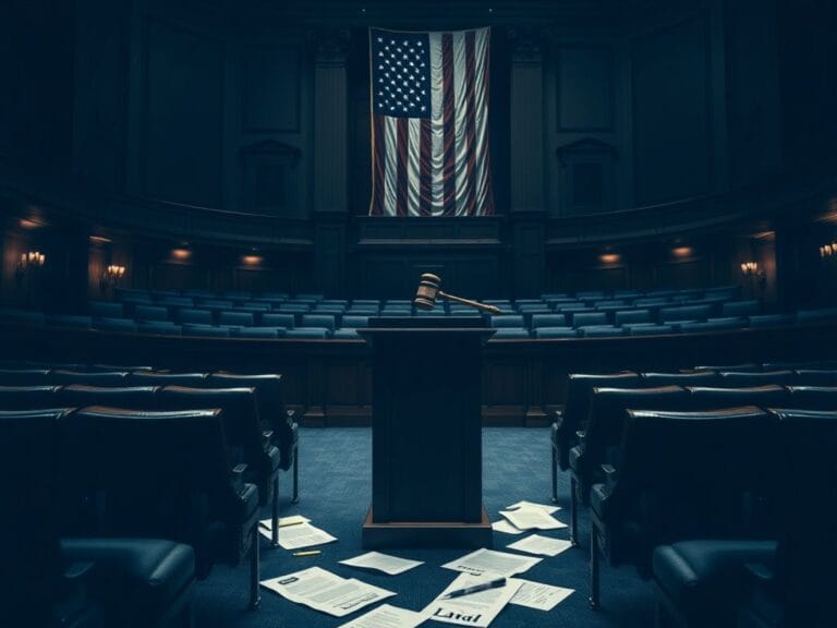 Flick International Dimly lit Senate chamber with empty rows of seats and a podium holding a gavel