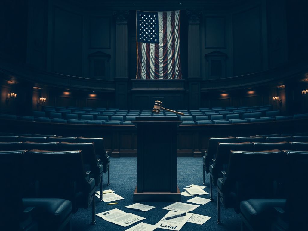 Flick International Dimly lit Senate chamber with empty rows of seats and a podium holding a gavel