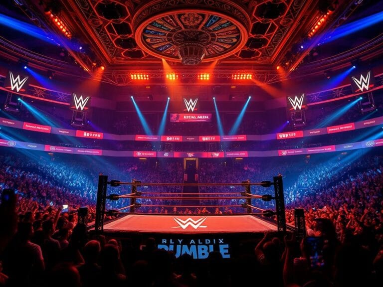 Flick International Dramatic scene of a WWE wrestling arena during the Royal Rumble in Riyadh, Saudi Arabia.