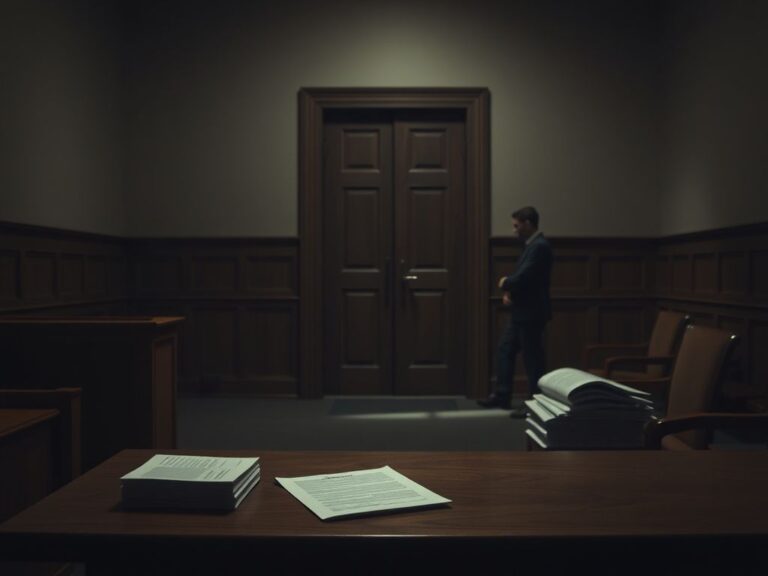 Flick International Somber courtroom scene with an empty judge's bench and witness stand