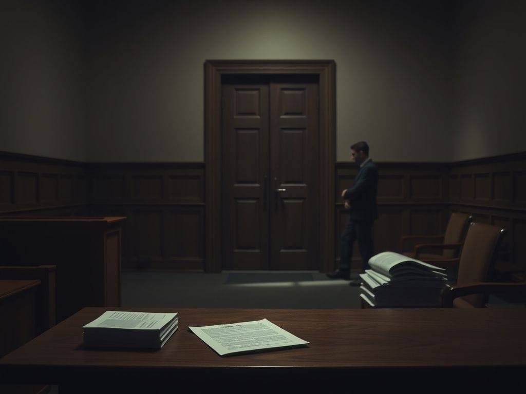 Flick International Somber courtroom scene with an empty judge's bench and witness stand