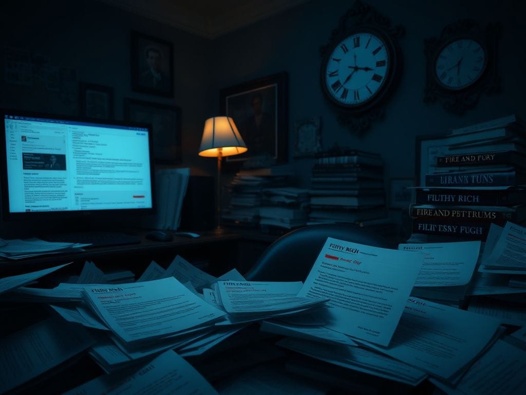 Flick International Dimly lit office filled with papers and a glowing computer screen