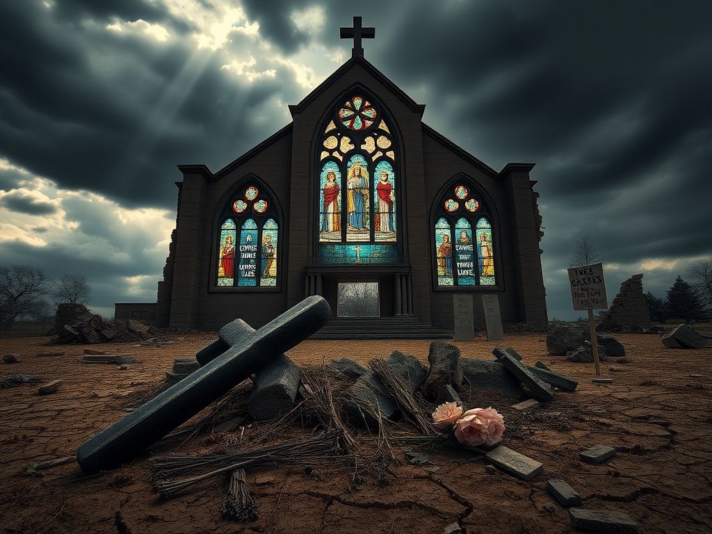 Flick International A crumbling church symbolizing the moral decay in society with dark storm clouds overhead