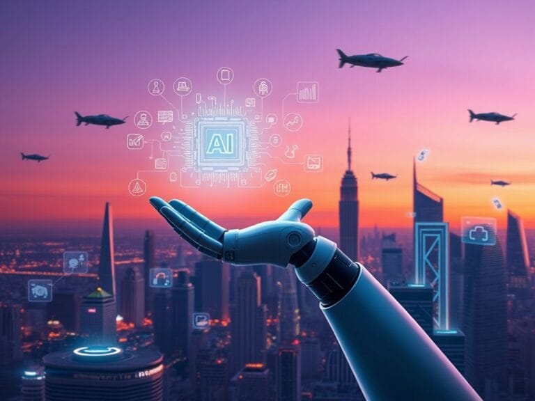 Flick International Futuristic city skyline with autonomous vehicles and robotic arm holding a circuit board