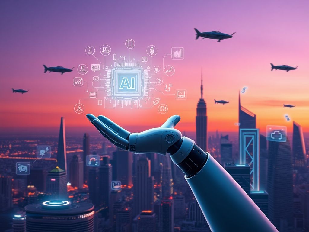 Flick International Futuristic city skyline with autonomous vehicles and robotic arm holding a circuit board