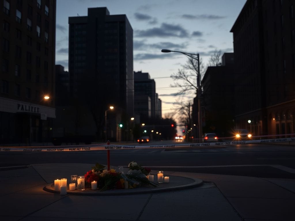 Flick International A somber urban scene in Minneapolis featuring police tape and a memorial for Alex Pretti