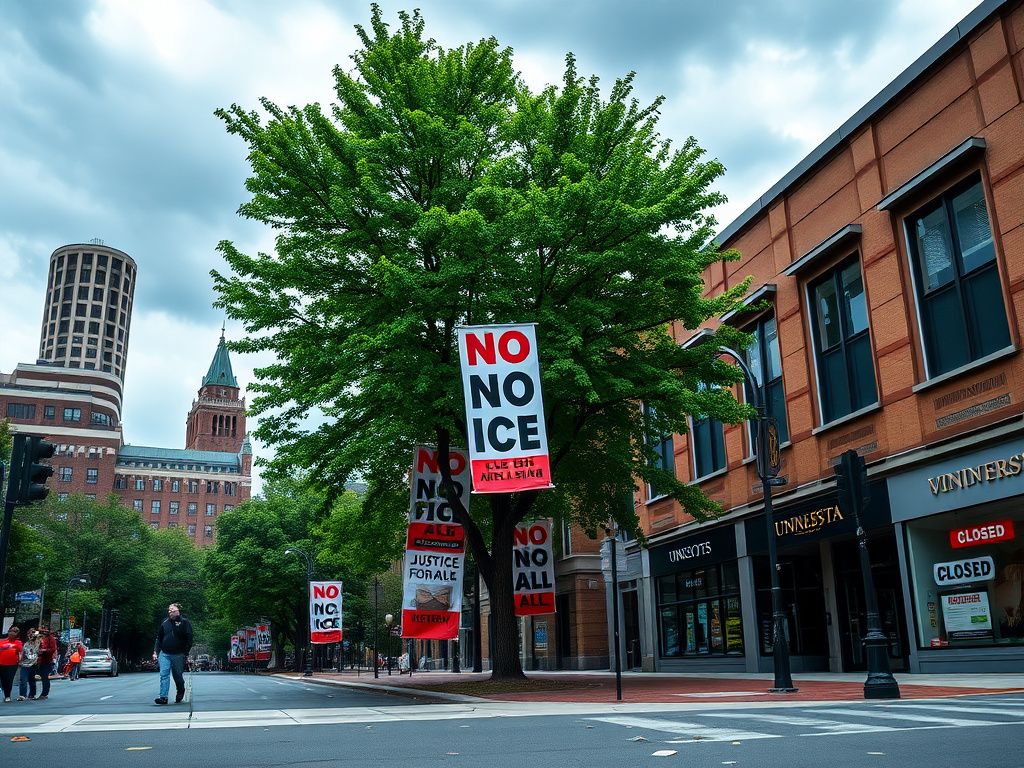 Flick International University of Minnesota campus during anti-ICE protest with vibrant signs