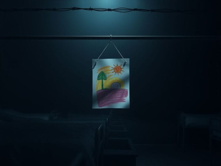 Flick International Empty child's drawing on a cold metal wall in an immigration detention facility