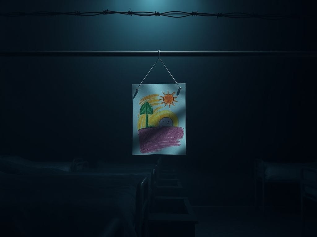 Flick International Empty child's drawing on a cold metal wall in an immigration detention facility