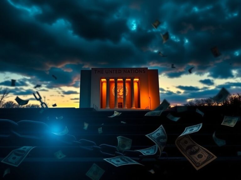 Flick International A dramatic view of the United Nations building at dusk with a broken chain symbolizing financial tensions.