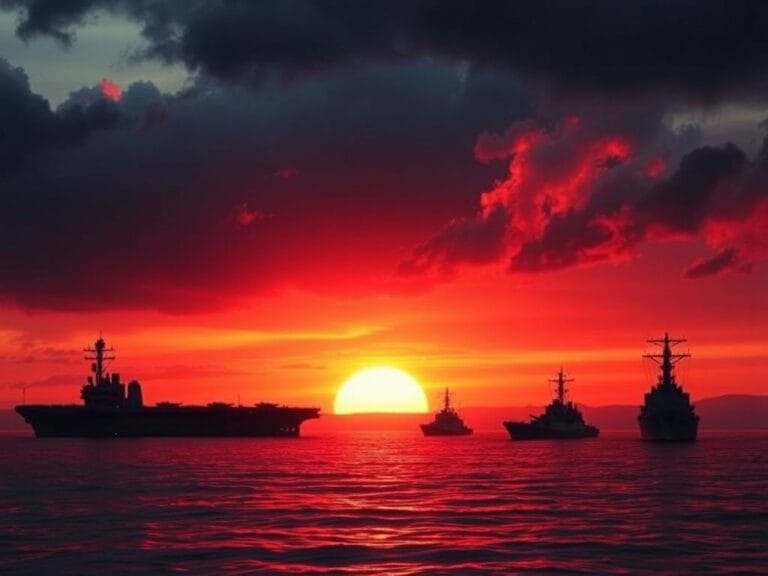 Flick International U.S. aircraft carrier and warships silhouetted against a dramatic sunset