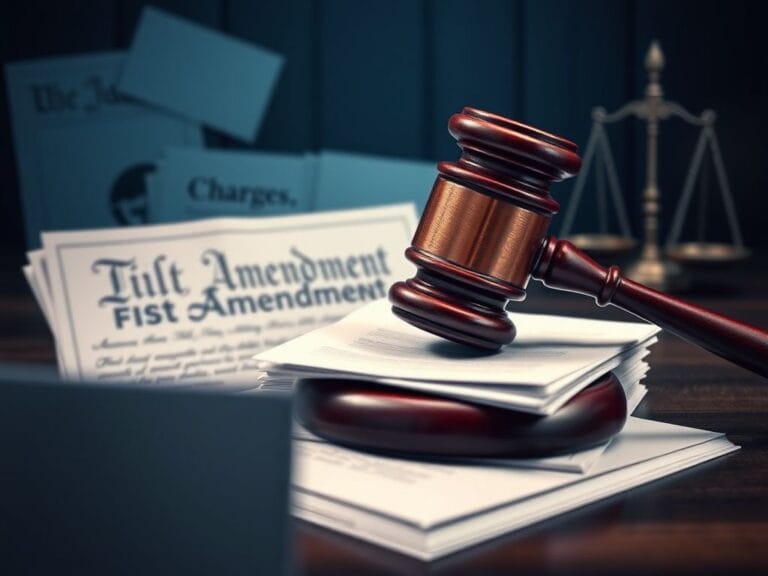 Flick International Symbolic courtroom scene with gavel and First Amendment documents