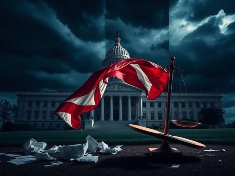 Flick International A dramatic government building with dark storm clouds above and a frayed American flag in the foreground, symbolizing political tension.