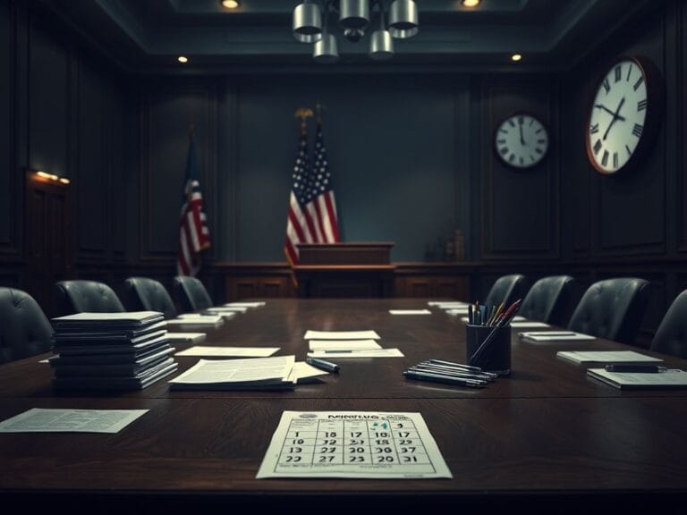 Flick International Dimly lit wooden conference room table with documents and pens scattered, illuminated American flag in the background