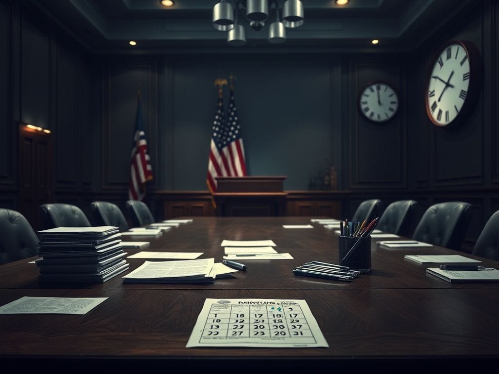 Flick International Dimly lit wooden conference room table with documents and pens scattered, illuminated American flag in the background