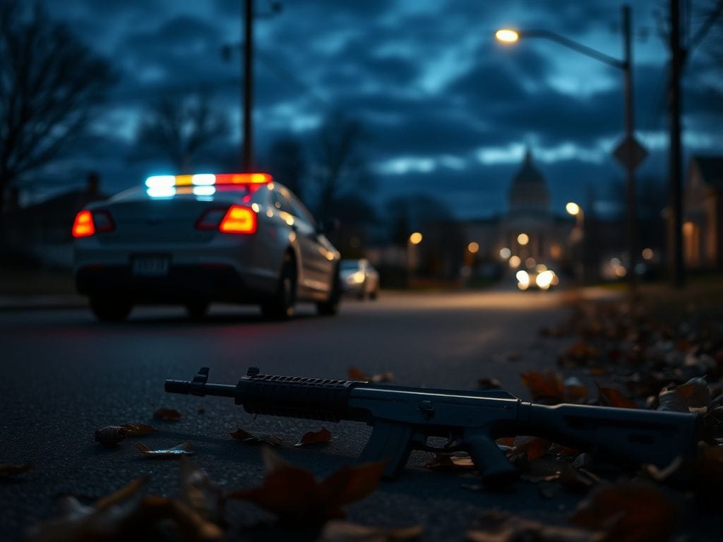 Flick International A police car with flashing lights on an empty Minnesota street at twilight, alongside a discarded firearm and autumn leaves