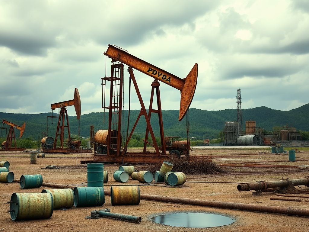 Flick International Desolate oil field in Venezuela with rusting oil rigs and abandoned drilling equipment under a cloudy sky