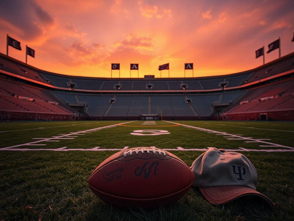 Flick International Serene sunset over a historic college football stadium with a solitary old leather football and a weathered coach’s cap