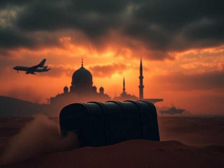 Flick International Dramatic silhouette of Iranian landscape with mosque and military supplies
