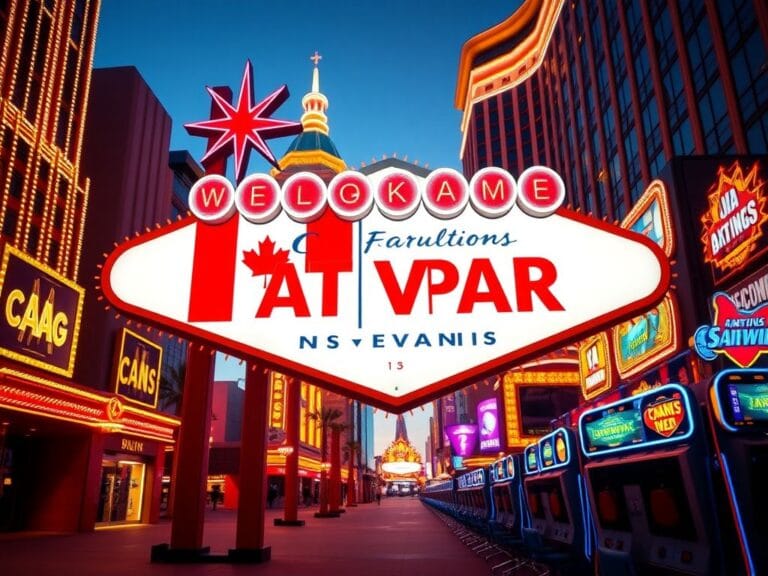 Flick International Vibrant neon lights and casino signage in Las Vegas highlighting a unique promotion with Canadian and U.S. flags.