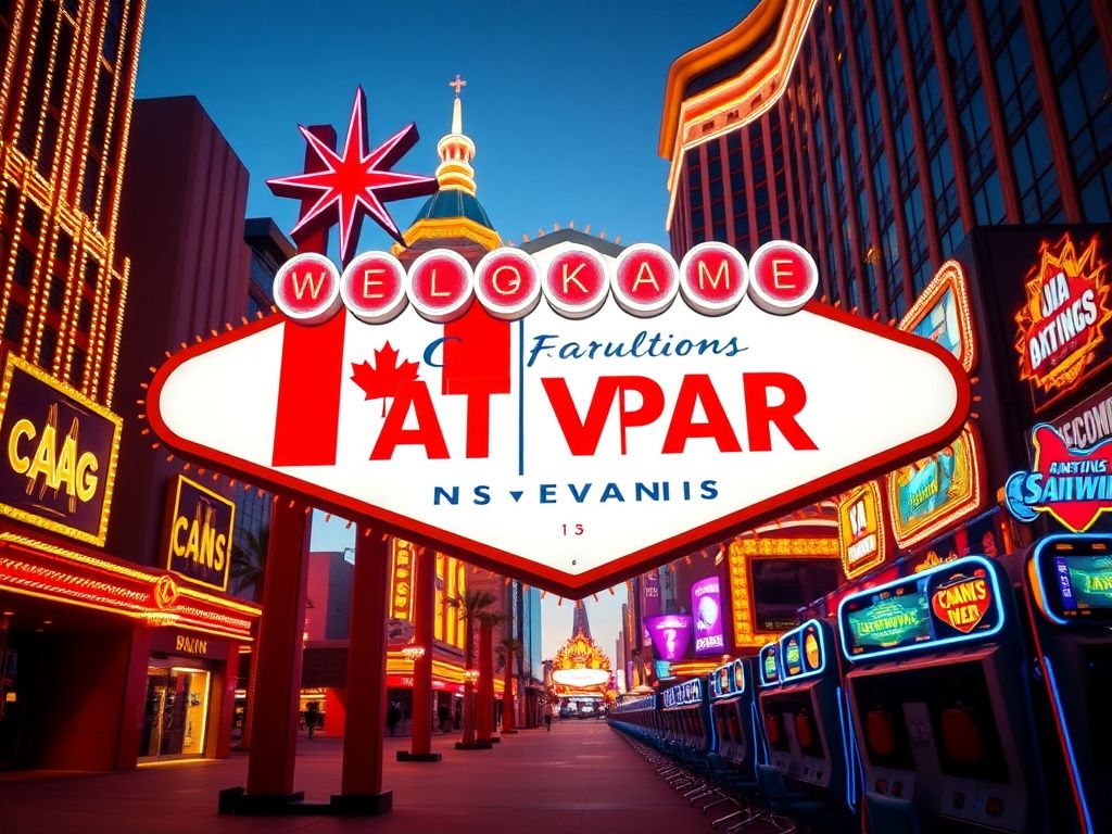 Flick International Vibrant neon lights and casino signage in Las Vegas highlighting a unique promotion with Canadian and U.S. flags.