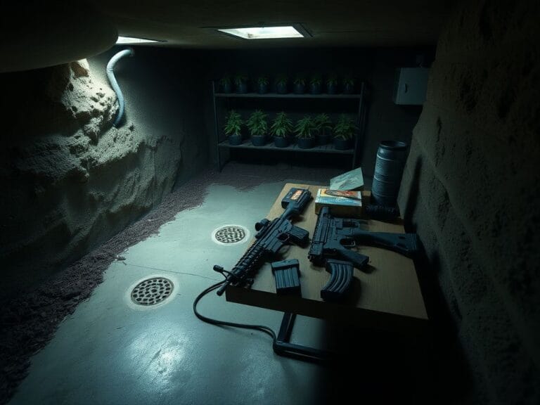 Flick International Dimly-lit underground bunker filled with illegal firearms and marijuana cultivation equipment