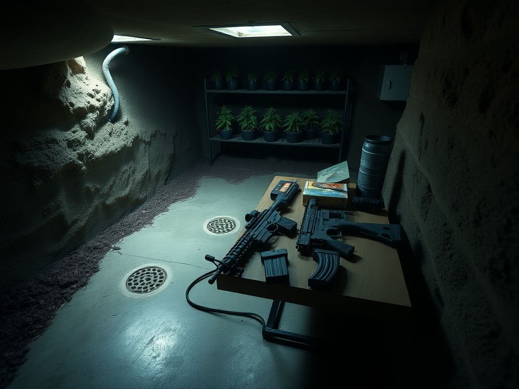 Flick International Dimly-lit underground bunker filled with illegal firearms and marijuana cultivation equipment
