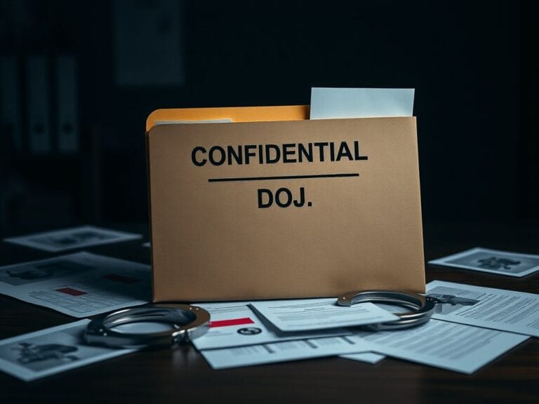 Flick International A closed folder labeled 'CONFIDENTIAL' with scattered papers and handcuffs, symbolizing legal proceedings related to Ghislaine Maxwell.