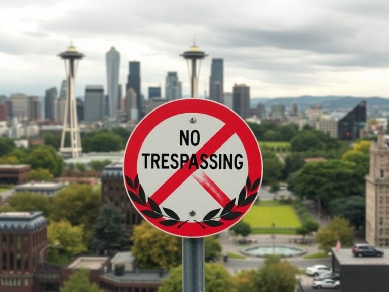 Flick International Seattle cityscape featuring the Space Needle and a no trespassing sign with peace symbols
