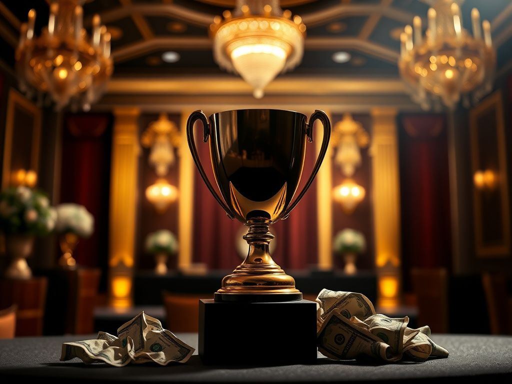 Flick International A close-up of a polished trophy with a contrasting 'No Entry' sign and crumpled dollar bills