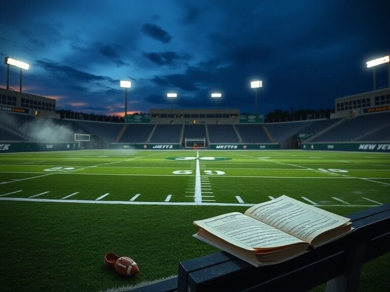 Flick International A desolate football field at dusk with stadium lights glowing