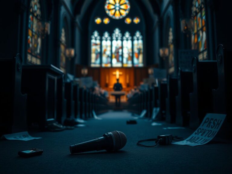 Flick International A dimly lit church interior featuring a grand pulpit and scattered belongings, reflecting disruption.