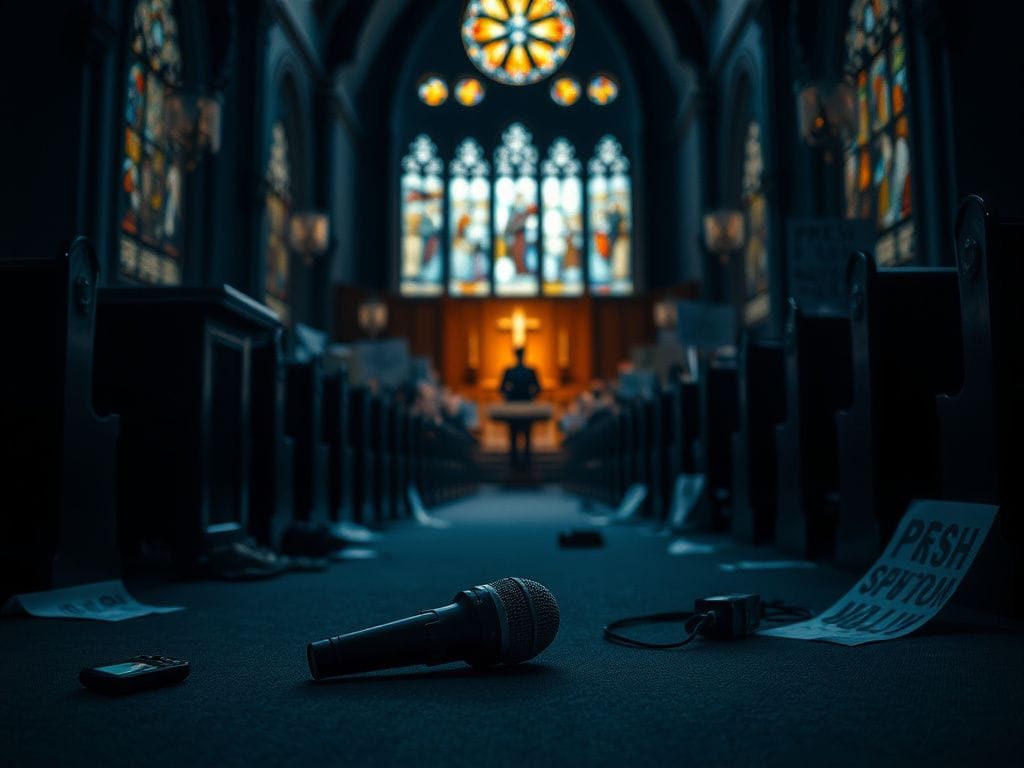 Flick International A dimly lit church interior featuring a grand pulpit and scattered belongings, reflecting disruption.
