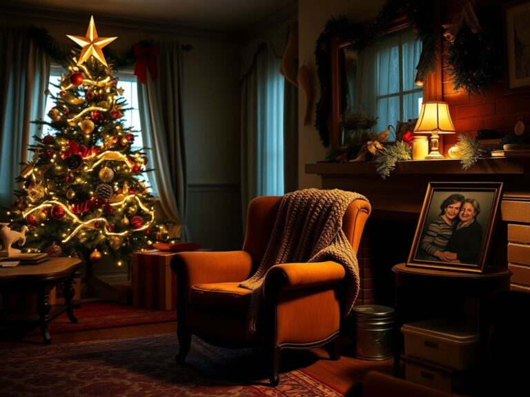 Flick International Cozy living room decorated for Christmas with a vintage armchair and framed photo symbolizing nostalgia and loss