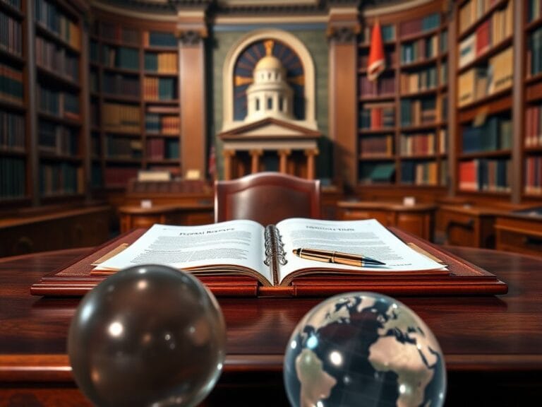 Flick International Close-up of a traditional wooden desk with a folder labeled 'Federal Reserve Nomination' and a pen in a congressional chamber