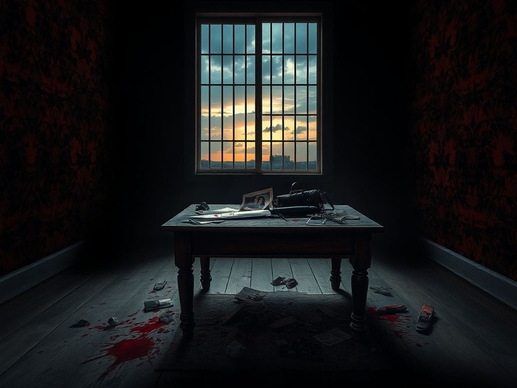 Flick International A dimly lit room featuring a blood-stained knife and a torn photo, symbolizing chaos after a tragic crime