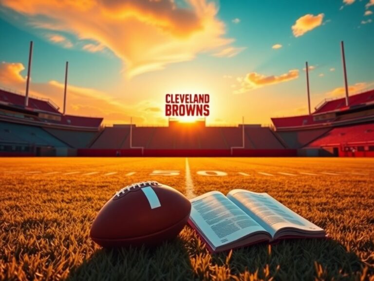 Flick International Empty football field at sunrise with Cleveland Browns logo